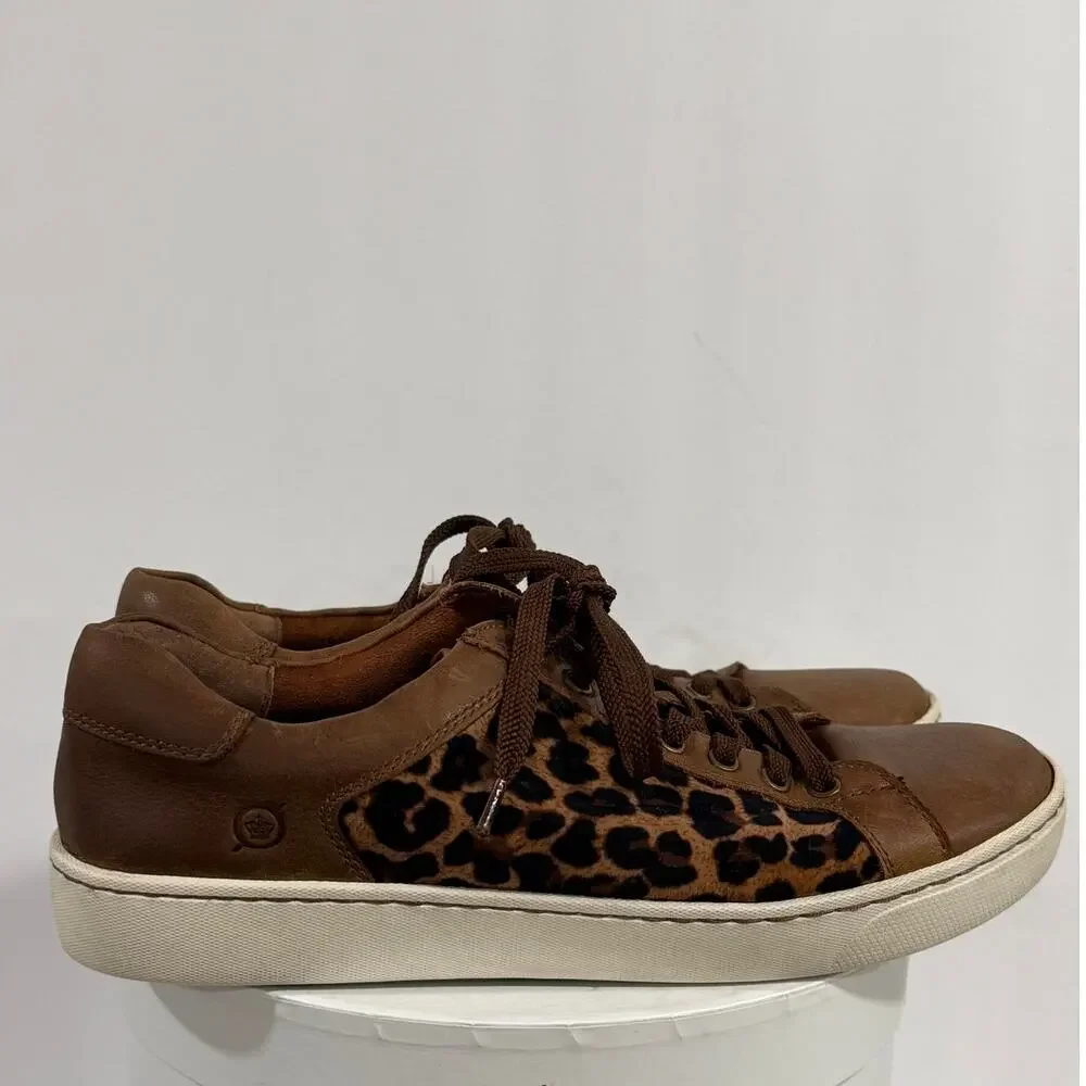 Born Leather Leopard Print Sneakers Brown Low Top Lace Up Women's 9M Animal Shoe